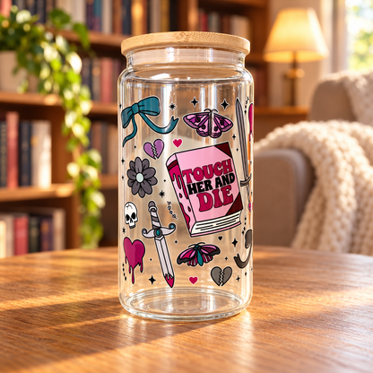 16oz Portable Bookish Themed Snow-Globe Tumbler - Washable Wash & Reuse Cup Glass, Forbidden Kitchenware Drinkware, Perfect for Romance Readers, Touch Her & Die Villain-Focused Iced Coffee Tumbler