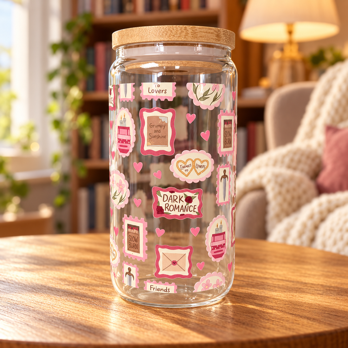 16oz Portable Bookish Themed Snow-Globe Tumbler - Washable Wash & Reuse Cup Glass, Forbidden Kitchenware Drinkware, Perfect for Romance Readers, Touch Her & Die Villain-Focused Iced Coffee Tumbler