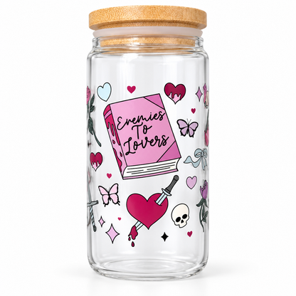16oz Portable Bookish Themed Snow-Globe Tumbler - Washable Wash & Reuse Cup Glass, Forbidden Kitchenware Drinkware, Perfect for Romance Readers, Touch Her & Die Villain-Focused Iced Coffee Tumbler