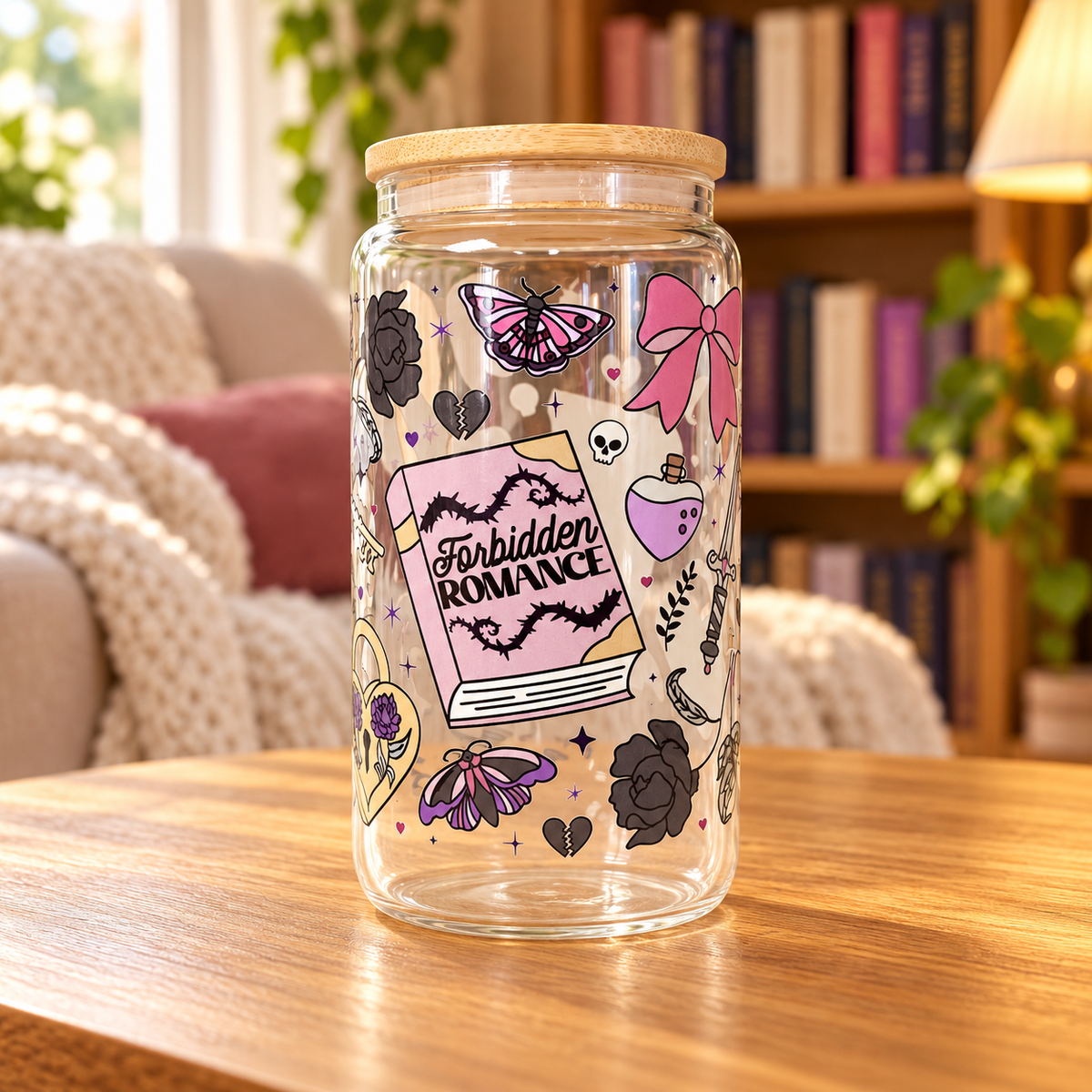 16oz Portable Bookish Themed Snow-Globe Tumbler - Washable Wash & Reuse Cup Glass, Forbidden Kitchenware Drinkware, Perfect for Romance Readers, Touch Her & Die Villain-Focused Iced Coffee Tumbler