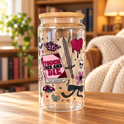 16oz Portable Bookish Themed Snow-Globe Tumbler - Washable Wash & Reuse Cup Glass, Forbidden Kitchenware Drinkware, Perfect for Romance Readers, Touch Her & Die Villain-Focused Iced Coffee Tumbler