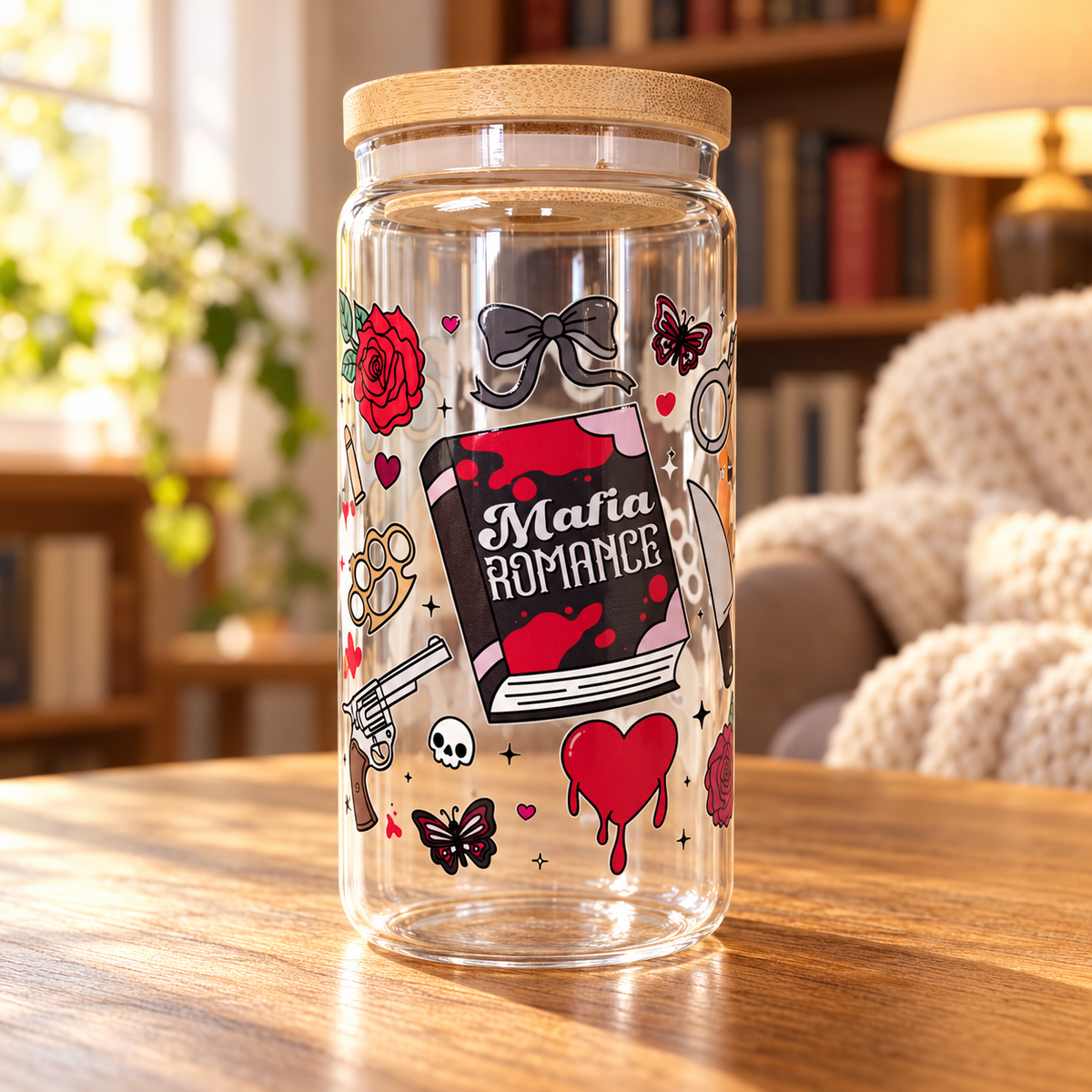 16oz Portable Bookish Themed Snow-Globe Tumbler - Washable Wash & Reuse Cup Glass, Forbidden Kitchenware Drinkware, Perfect for Romance Readers, Touch Her & Die Villain-Focused Iced Coffee Tumbler